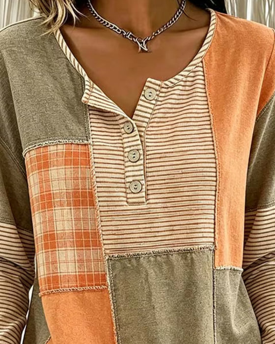 Button Contrast Striped Plaid Top