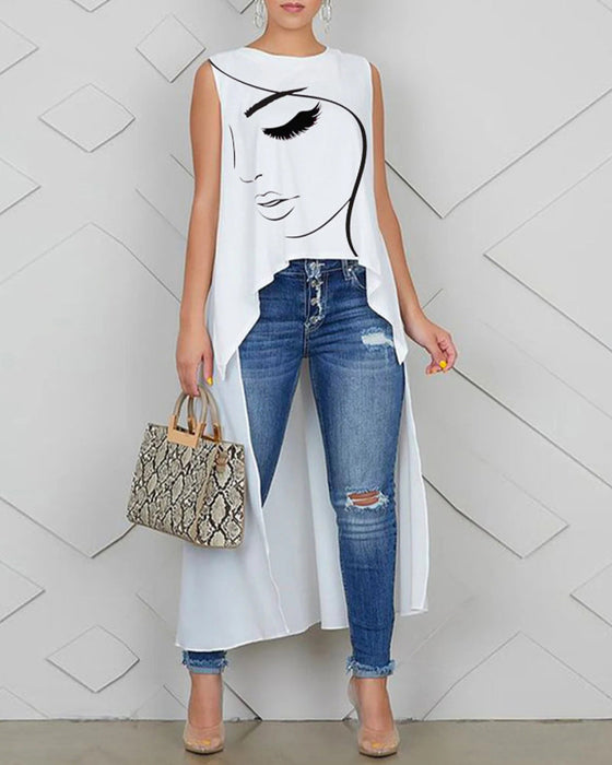 Sleeveless face print irregular top