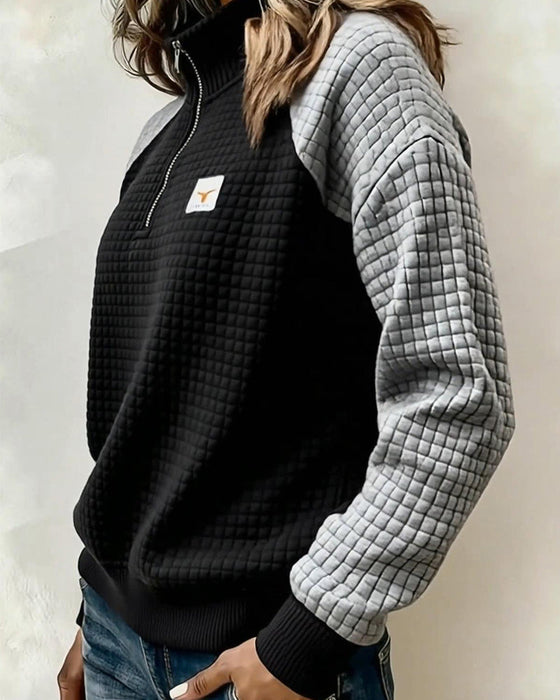 Stand Collar Waffle Color Block Sweatshirt