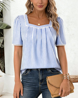 Striped Square Neck Lace Patchwork Blouse