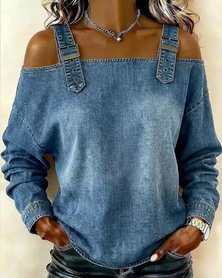 Spaghetti Strap Off-Shoulder Denim Metal Button Blouse
