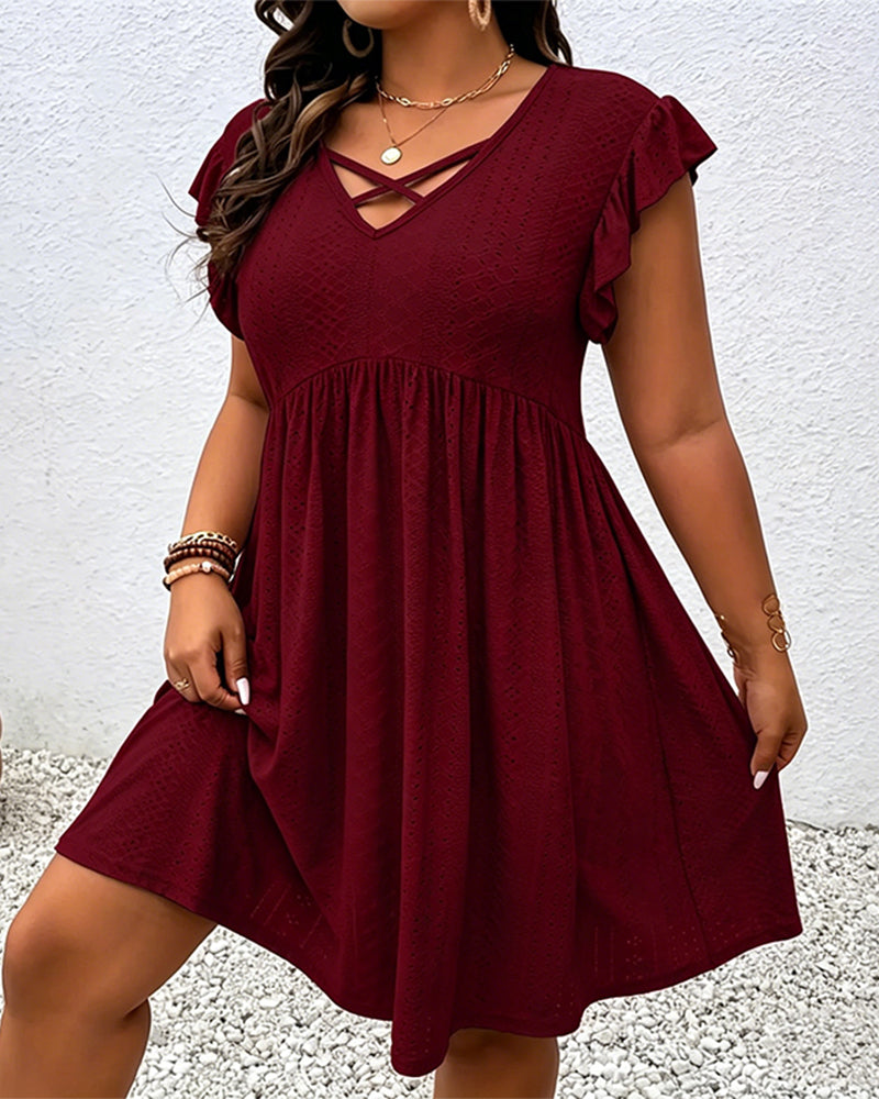 Solid Color Hollow-Out Lotus Leaf Sleeve Dress