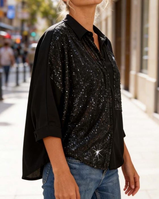 Stylish Solid-Color Patchwork Lapel Shirt