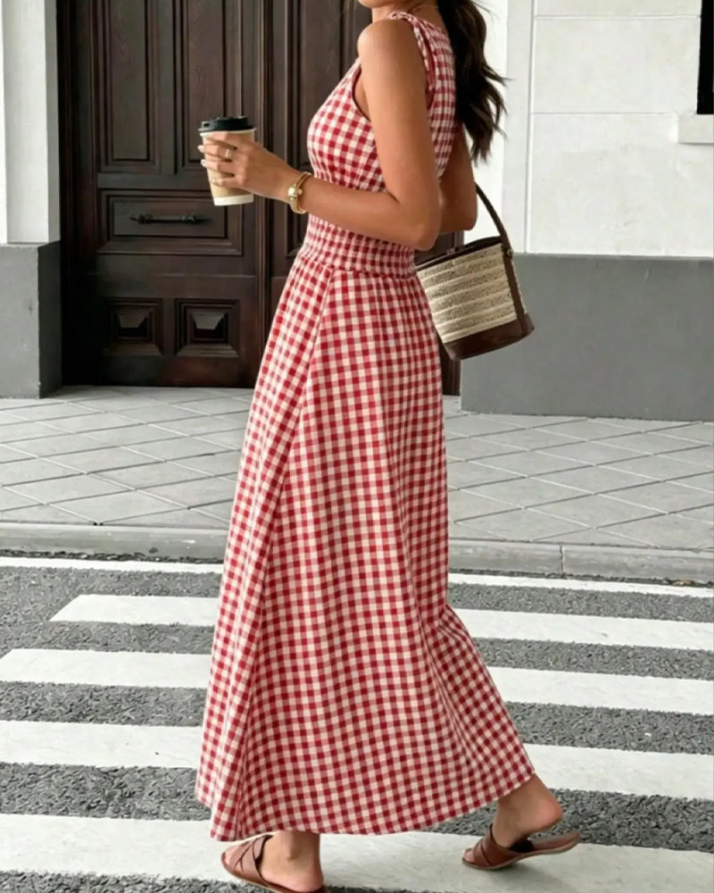 Lace-Up Plaid Suspender A-Line Dress