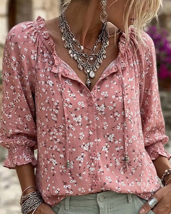 V-Neck Floral Strappy Ruffle Sleeve Blouse