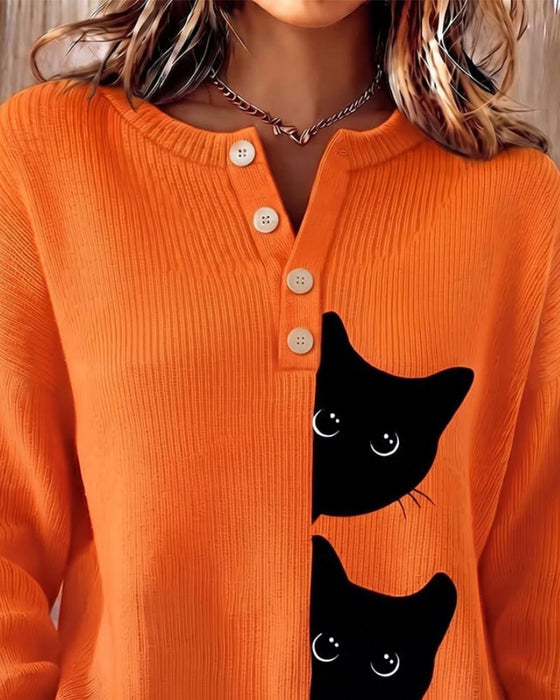 Button Front Stripe Cat Contrast Knit Pullover