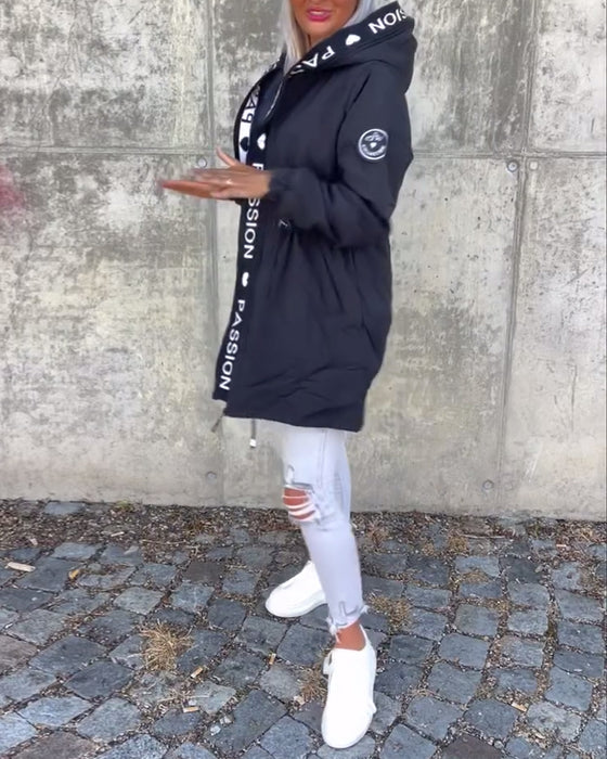 Casual letter print drawstring hooded coat