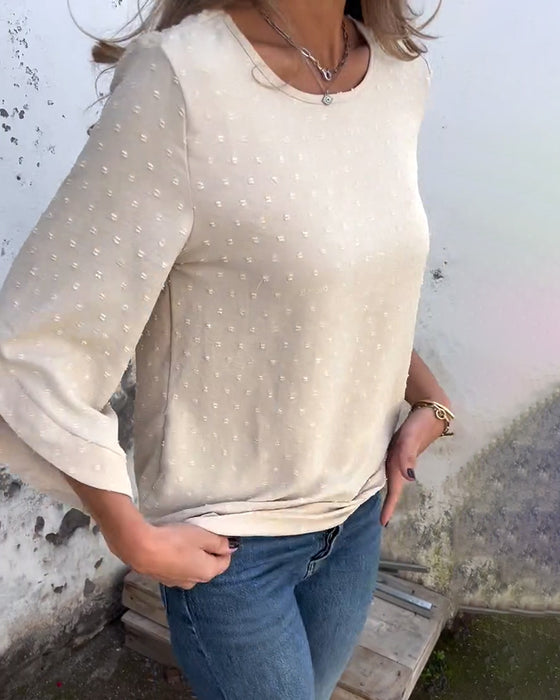 Long-Sleeved Round Neck Solid Color Blouse