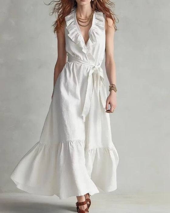 V-Neck Sleeveless Ruffled Tie-Front Dress