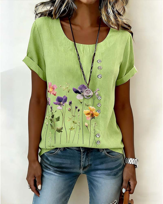 Floral Print Crew Neck Short Sleeve T-Shirt
