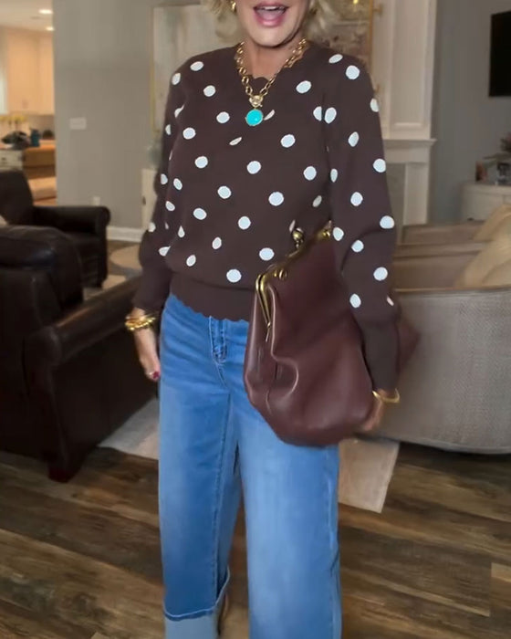 Round Neck Polka Dot Slim Fit Long Sleeve Sweater Pullover