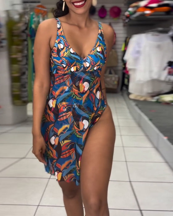 One-Piece Colorful Printed Slit Strap Swimsuit