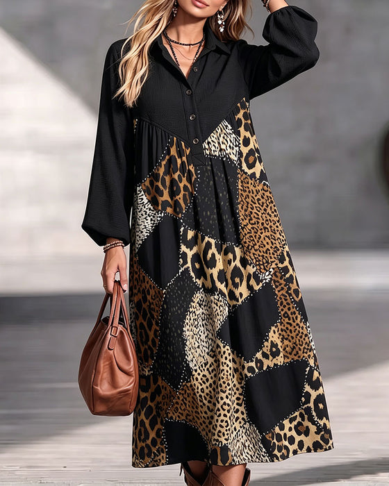 Leopard Color-Block Lapel Long Sleeve Dress