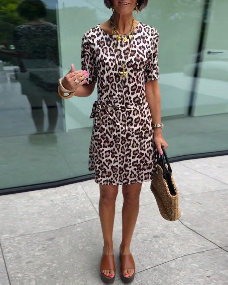 Round Neck Leopard Print Short Sleeve Dress