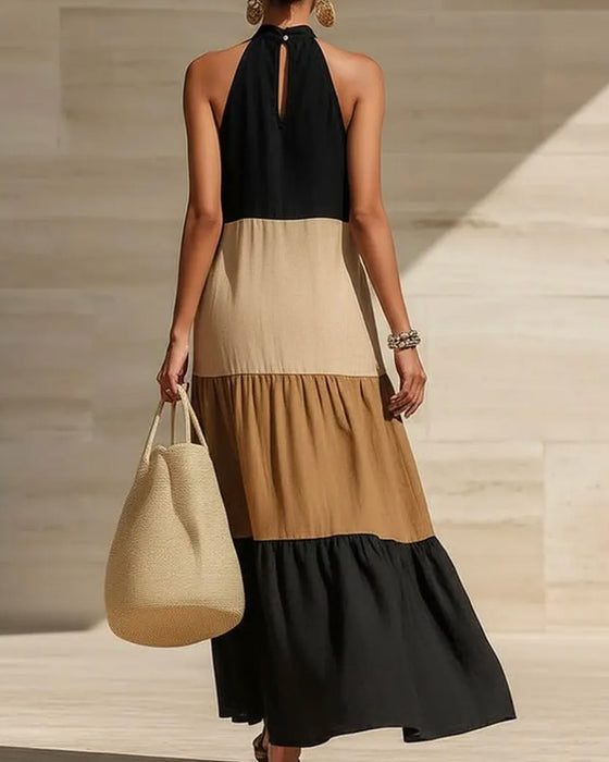 Halter Off-Shoulder Patchwork Colorblock Dresses