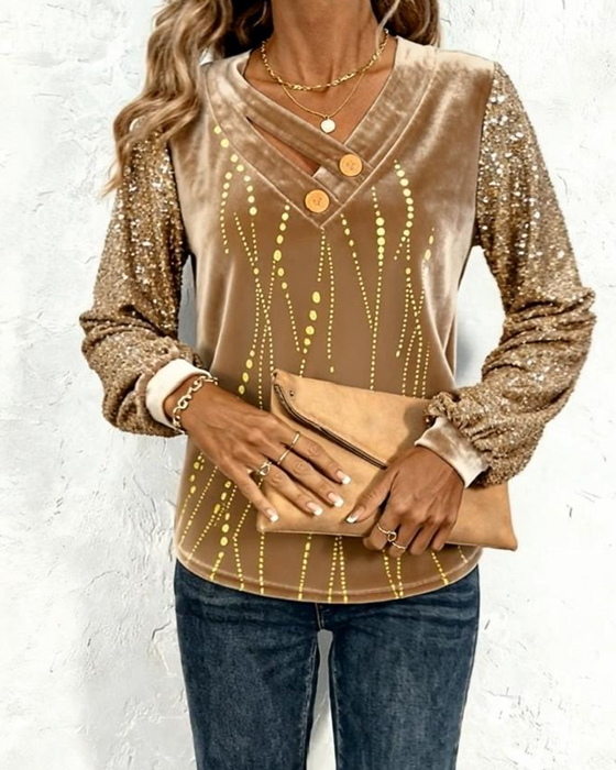 V-Neck Sequined Velvet Patchwork Top