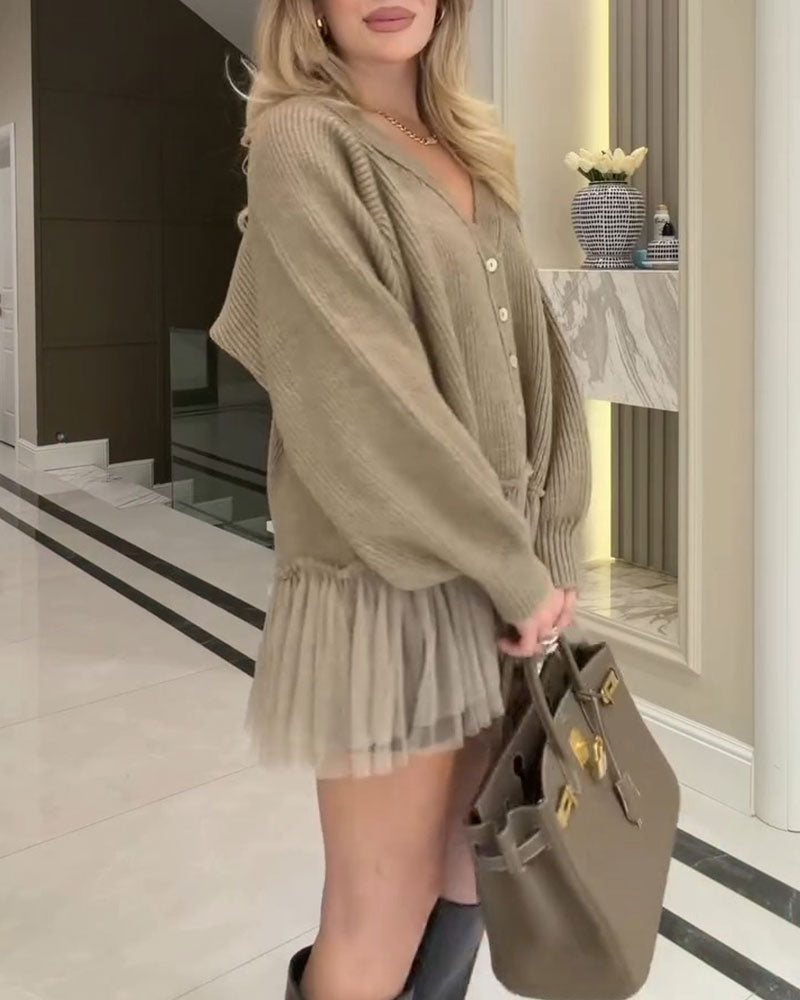 V-Neck Mesh Ruffle Patchwork Cardigan