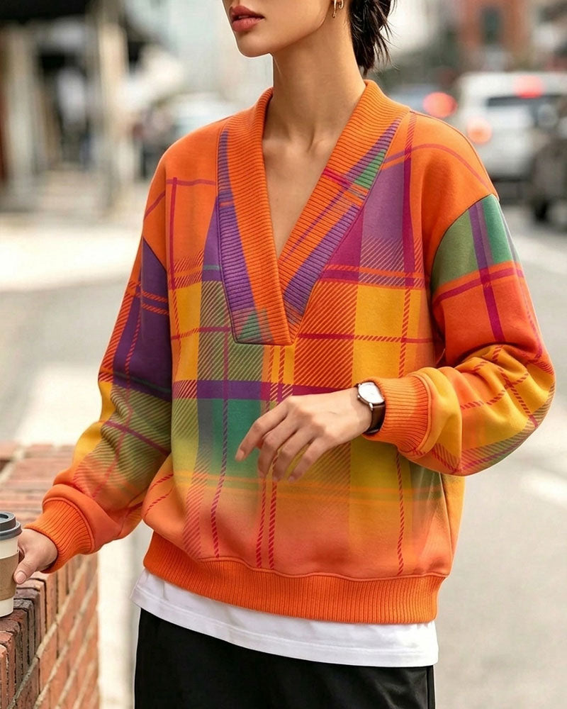 V-Neck Plaid Casual Sweatshirt