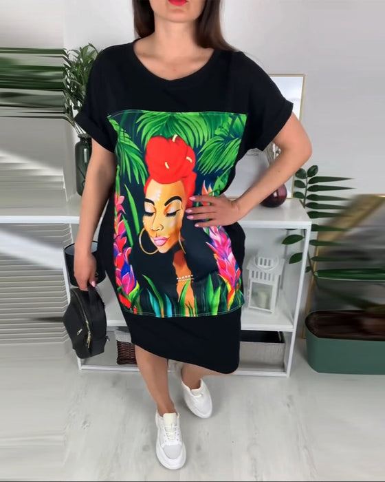 Portrait Printed Round Neck Dress