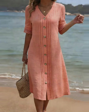 Pleated V-Neck Button Lace Patchwork Dress