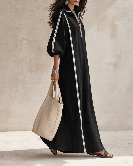 Stripe Zipper Lapel Full-Skirt Dress