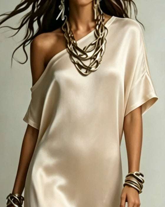 Satin One-Shoulder Slit Maxi Dress