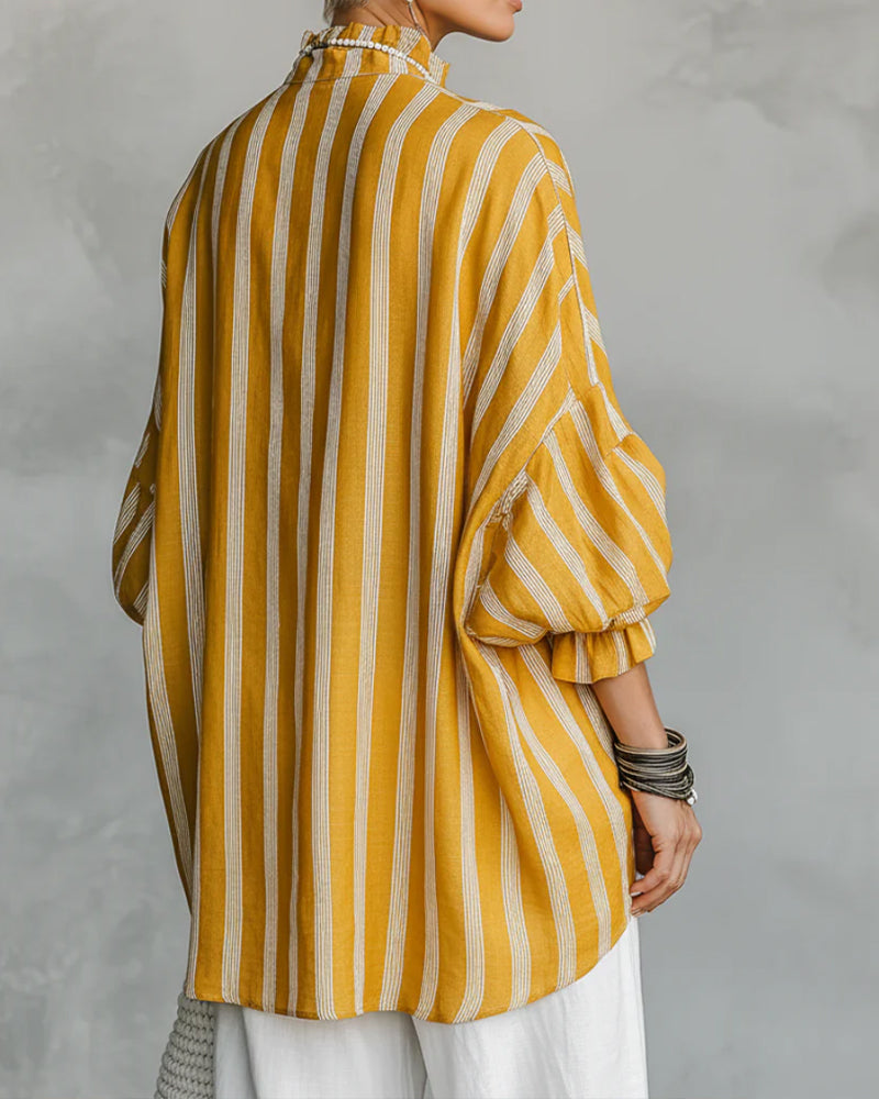 Stand Collar Lantern Sleeve Striped Blouse