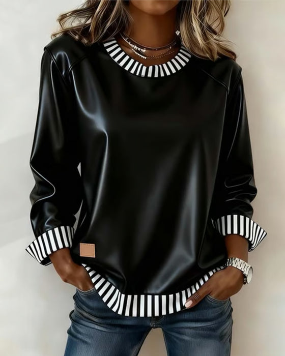 PU Spliced Vertical Stripe Round Neck Sweatshirt