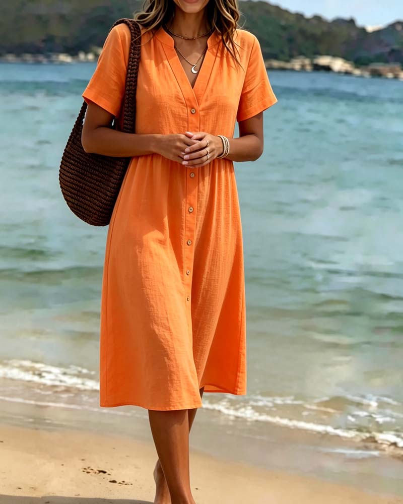V-Neck Button-Down Resort Style Dress