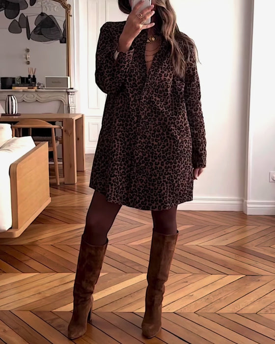 Long-Sleeved Leopard Print Shirt Dress