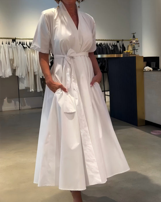 V-Neck Tie Waist Full Skirt Dress