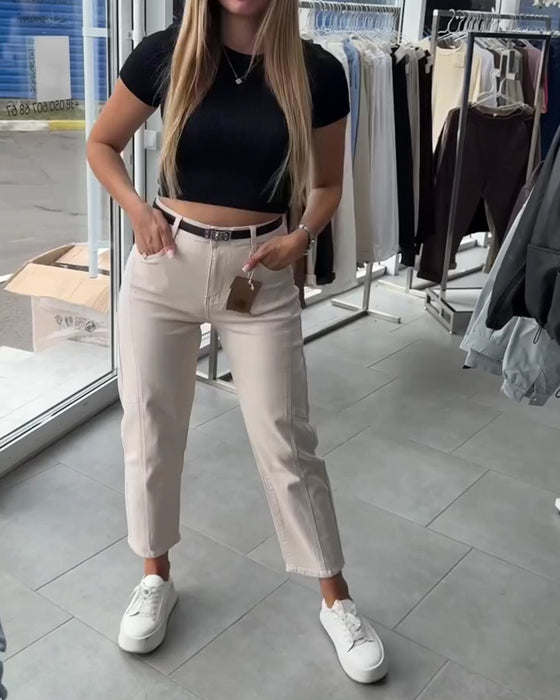 High-Waisted Casual Straight-Leg Pants