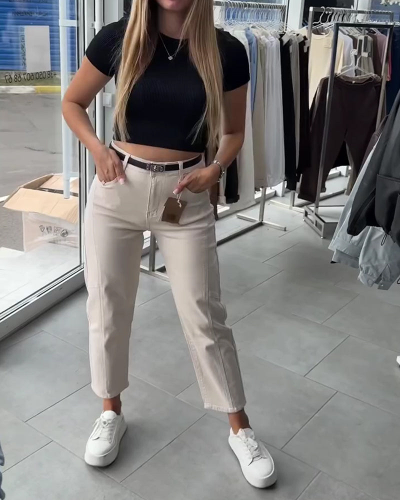 High-Waisted Casual Straight-Leg Pants