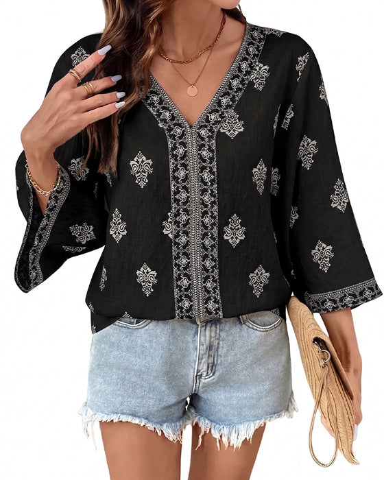V-Neck Ethnic Loose Blouse