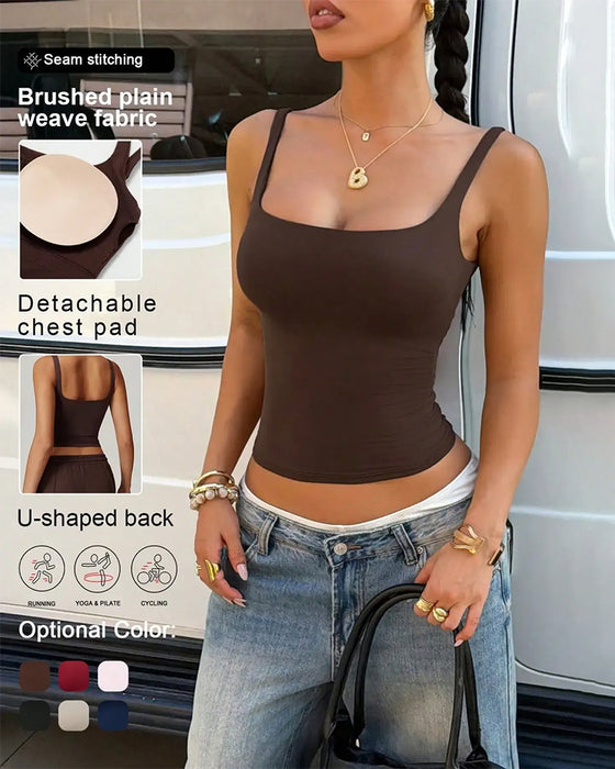 Solid Color Square Neck Built-In Bra Tank Top