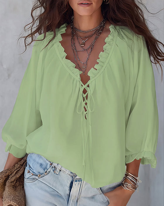 V-neck Lace Up Blouse