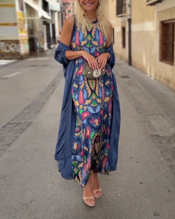 Sleeveless Long Dress With Long Cardigan Set
