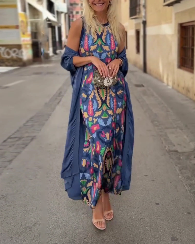 Sleeveless Long Dress With Long Cardigan Set