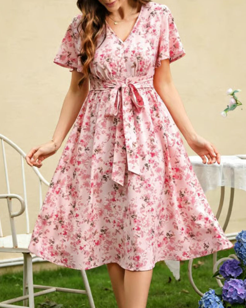 V-Neck Floral A-Line Dress