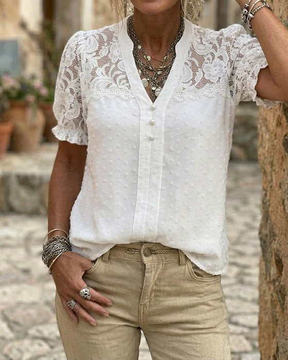 Lace Patchwork Puff Sleeve V-Neck Blouse