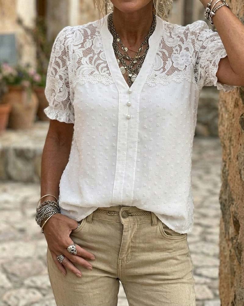 Lace Patchwork Puff Sleeve V-Neck Blouse
