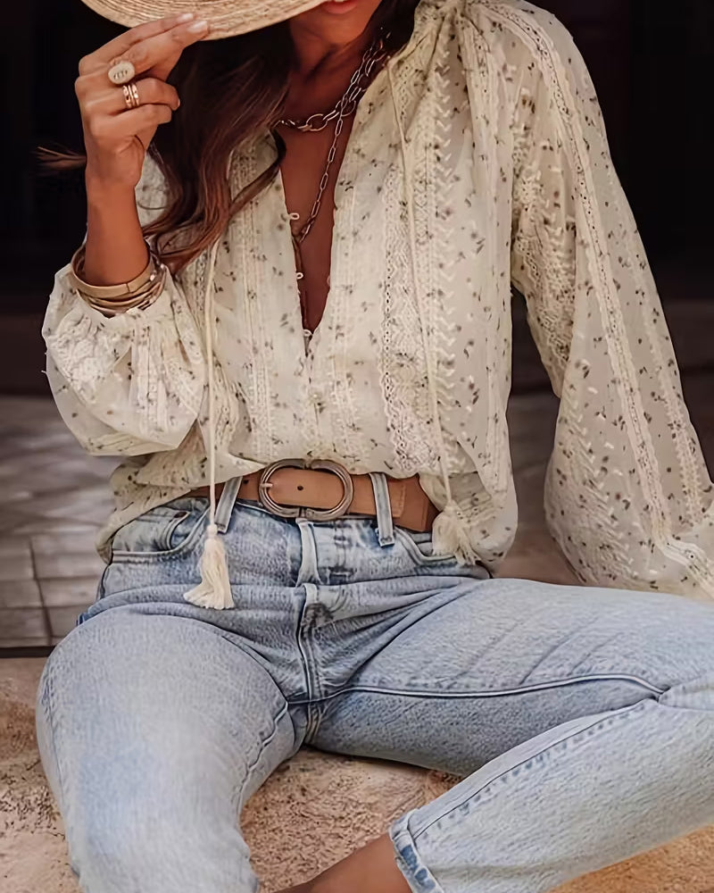 Floral Lace-Up Elegant Blouse