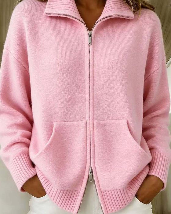 Lapel Zipper Solid Color Cardigan