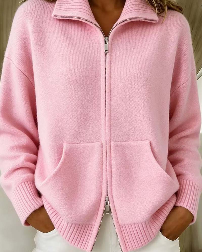 Lapel Zipper Solid Color Cardigan