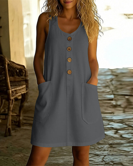 Solid Color U-Neck Button Front Dress