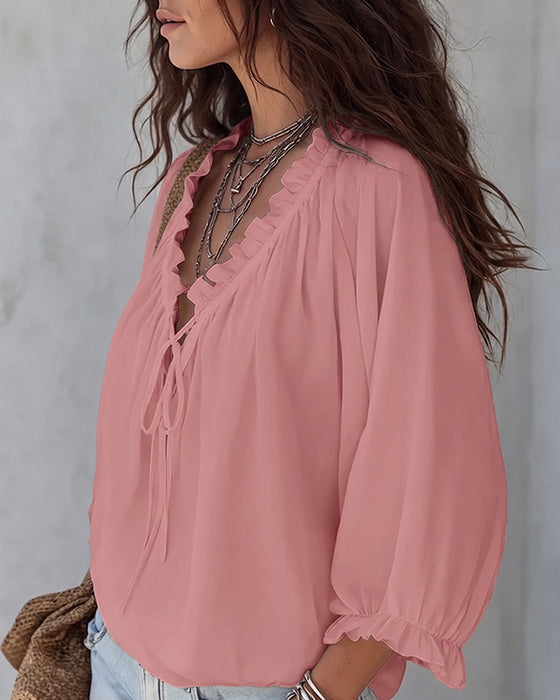 V-neck Lace Up Blouse