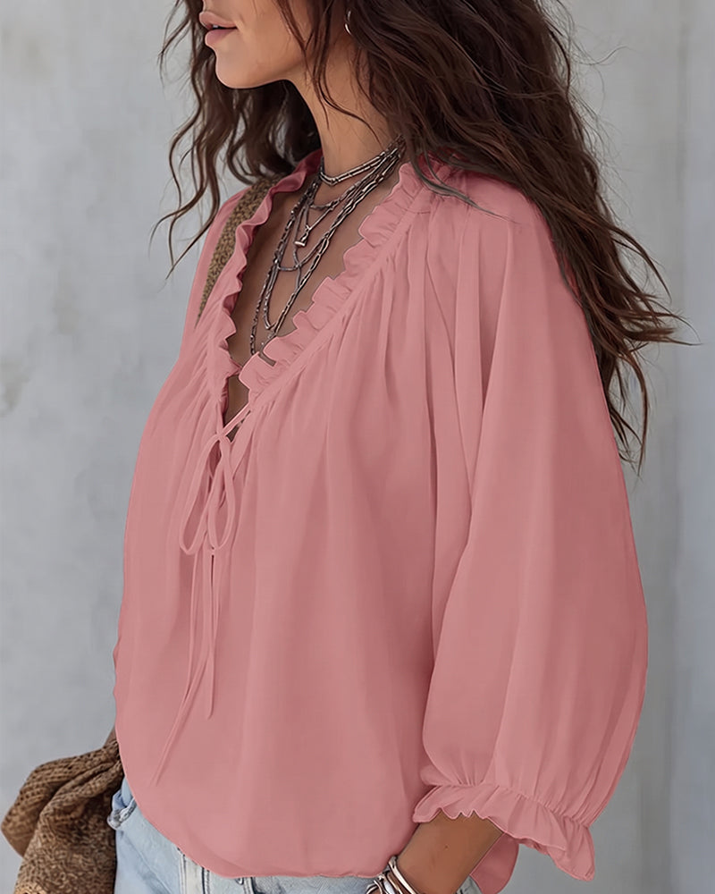 V-neck Lace Up Blouse