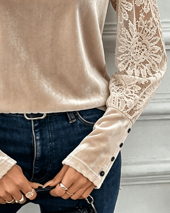 Crew Neck Lace Button Solid Blouse