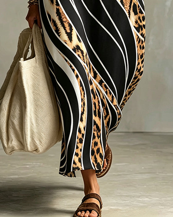 Leopard Diagonal Stripe Lapel Dress