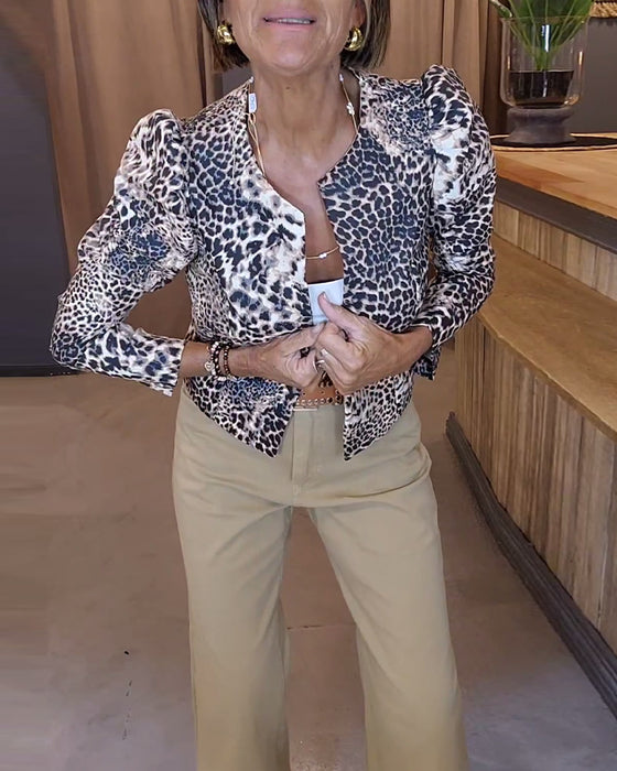 Leopard print puff sleeve casual jacket